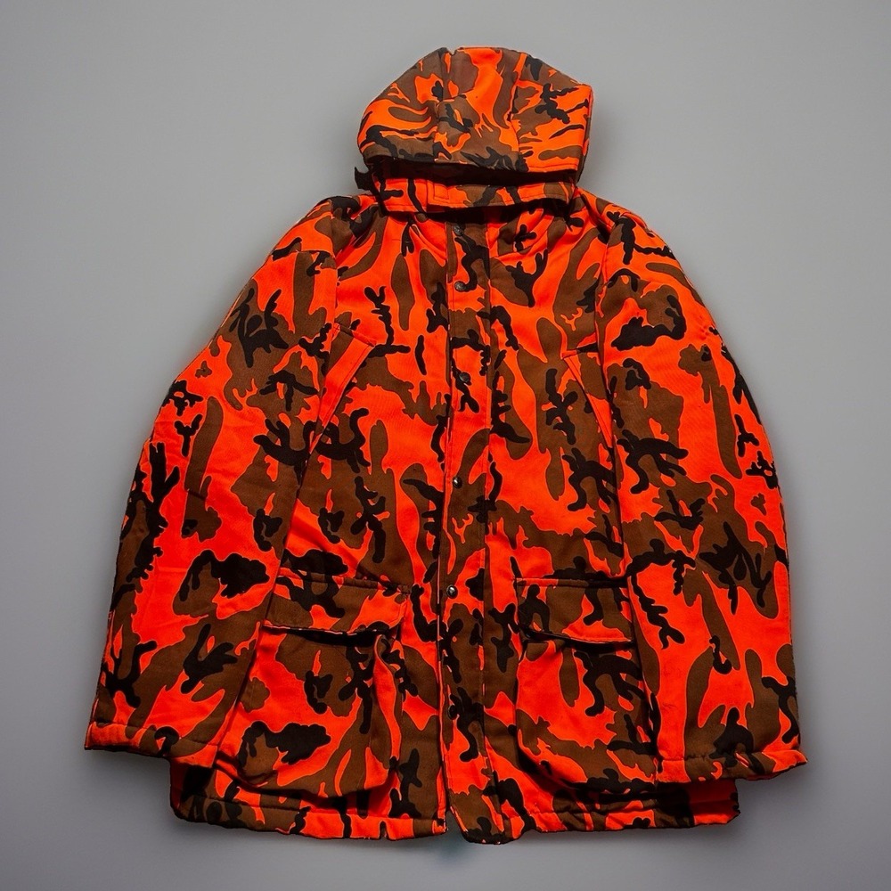 VTG Winchester Blaze Orange Camo Hunting Jacket Hooded Distressed Men's L